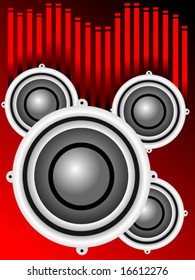 Ilustración de fondo vectorial musical con una serie de altavoces de audio en un fondo rojo con barras de sonido ecualizadoras gráficas