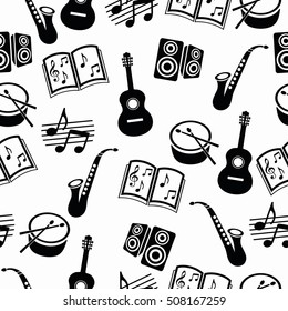 Musical vector background, music accessories seamless pattern. Silhouette drawing black and white guitar, drum, saxophone, loudspeakers, notes and music books a dark background. Monochrome