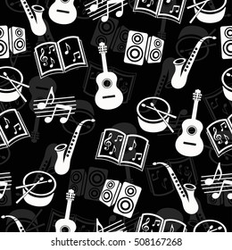 Musical vector background, music accessories seamless pattern. Silhouette drawing black and white guitar, drum, saxophone, loudspeakers, notes and music books a dark background. Monochrome