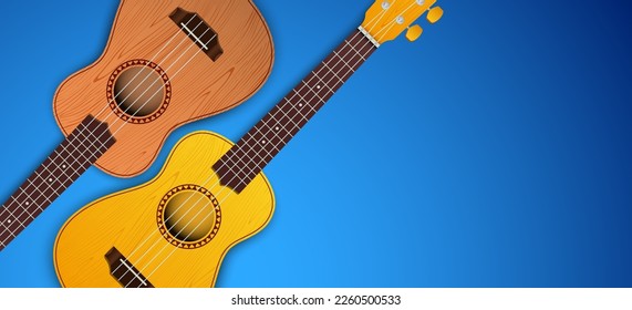 Musical vector banner of 2 Ukulele guitars on a blue background with copy space.