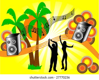 Ein musikalischer Vektor mit Tänzern und Lautsprechern, die Sommerspass darstellen