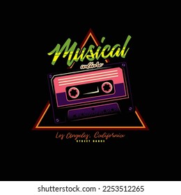Musical vector emblem in neon style. T-shirt design, design element.