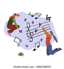 Musical vector illustration with people and notes. Two girls compose a melody. 