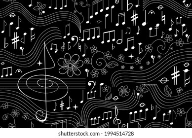 Musical vector seamless background with handwritten treble clefs and other notes and musical symbols