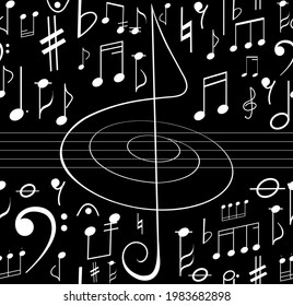 Musical vector seamless background with the treble clef and handwritten musical symbols