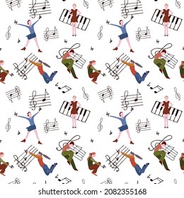 Musical vector seamless pattern. Illustration depicting people and music notes on a white background. 