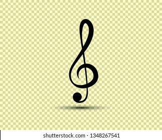 Musical vector treble clef, icon, silhouette. The object is isolated on a transparent light background.