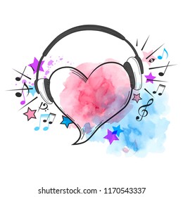 Musical vector watercolor background with red heart and headphones