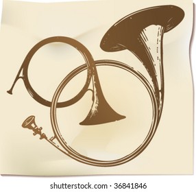 Musical vintage wind instruments on scroll with time-worn effect of old etching