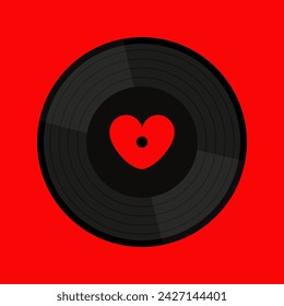 Musical vinyl record disk. Black music sound audio icon. Love greeting card. Red label heart shape center. Flat design. Red background. Isolated. Vector illustration