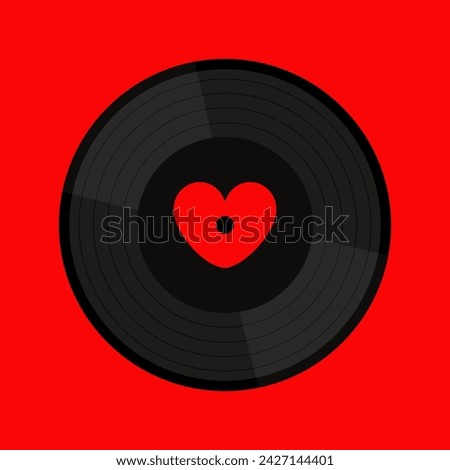 Musical vinyl record disk. Black music sound audio icon. Love greeting card. Red label heart shape center. Flat design. Red background. Isolated. Vector illustration