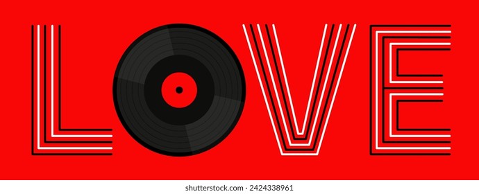 Musical vinyl record disk. LOVE. Red label center. Happy Valentines Day greeting card, poster, banner. Music sound audio icon. Black line letter set. Flat design. Red background. Isolated. Vector