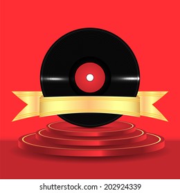 Musical vinyl record with a gold ribbon on a red podium
