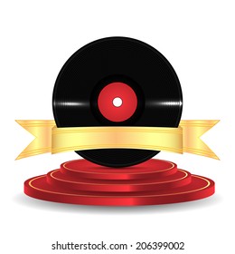 Musical vinyl record with a gold ribbon isolated on white background