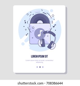 Musical vinyl record with headphones. Flat line illustration for web and app.