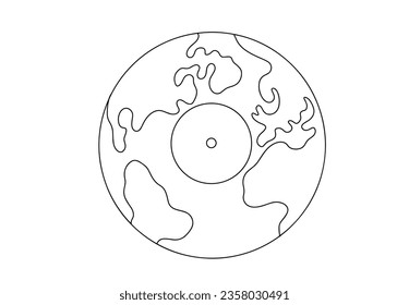 Musical vinyl record with a map of the world. International Music Day. One line drawing for different uses. Vector illustration.