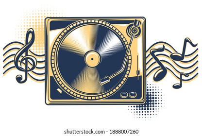 Musical vinyl turntable with clef and notes