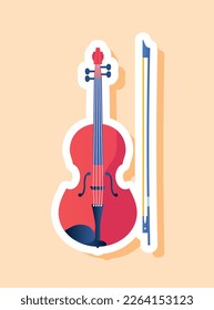 Musical violin sticker. String instrument with bow. Melody and song, composition, symphony. Equipment for musical band, performance and rehearsal. Cartoon flat vector illustration