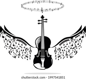 musical violin with wings of music notes and hallow on top. Perfect for poster design related to music and orchestra. Use for concert promotions. unique concept art of cello in silhouette style.