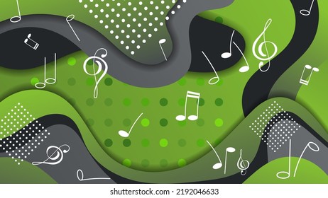 Musical wallpaper in green tones. Treble clefs, musical notes, groups of circles against a surface of overlapping abstract shapes with wavy edges. Vector.