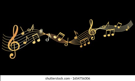 Musical wave. Gold music notes background. Sound vector illustration