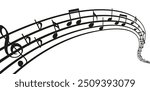 Musical wave melody. Music notes on white background. Staff treble clef notes. Vector illustration of music sound