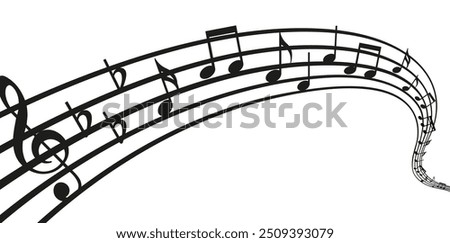 Musical wave melody. Music notes on white background. Staff treble clef notes. Vector illustration of music sound