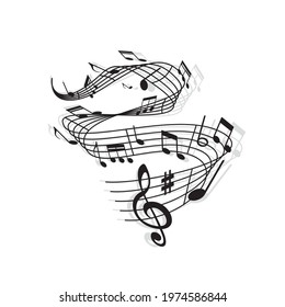 Musical wave of vector music notes, treble clef, sharp symbol and bar lines on swirling stave with shadows. Black and white sheet music or musical notation marks of melody, song or tune, music themes