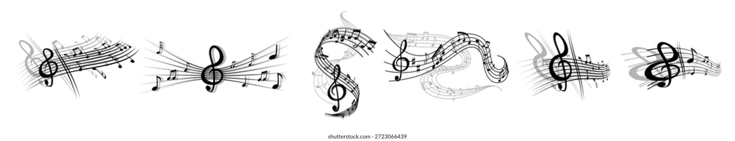 Ondas musicales con notas musicales y una clave en los pentagramas