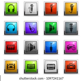 musical web icons in square colored buttons for user interface design