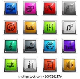 musical web icons in square colored buttons for user interface design
