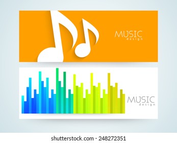 Musical website banner or header set with musical sign and volume equalizer.