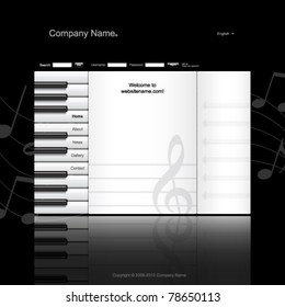 Musical website template. Piano keys and music paper