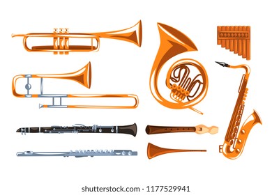 Instrumentos de viento musicales, saxofón, clarinete, trompeta, trombona, tuba, vector de flauta de pan Ilustraciones en fondo blanco