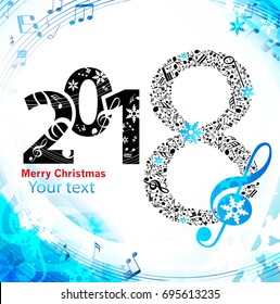 Musical winter background with notes and snowflakes
