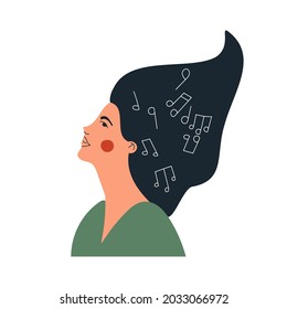 Musical woman with notes in her head. Female person create musical composition in her mind. Girl's music inspiration. Musician avatar, music therapy. Flat vector cartoon illustration isolated on white