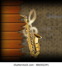 musical wooden planks with a saxophone on a blurred background of an old brick wall and a treble clef.