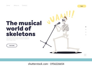 Musical world of skeleton concept of rock festival landing page with skull singer singing in microphone. Scary rock band for halloween. Flat vector illustration