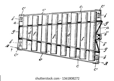 Musical Xylophone instrument with wooden bars tuned to produce a chromatic scale and with resonators, vintage line drawing or engraving illustration.