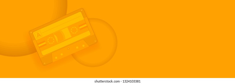 Musical yellow abstract background with yellow retro music cassette hipster bright poster. Total yellow color for music party modern trend design. Realistic cassette icon.