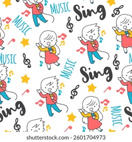 Musical Youth Singing Children and Notes Pattern can be use for background and apparel design