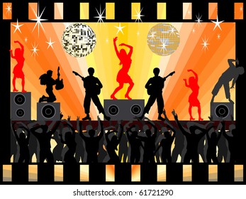 musicals  and women-silhouette- with mirror ball in a film strip