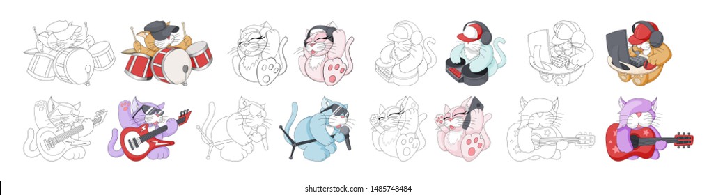 Musican cartoon animals. Childish cat band with drums. Outlined doodle coloring book page for kids set. Rock and roll cat cartoon vector illustration collection for print design isolated on white