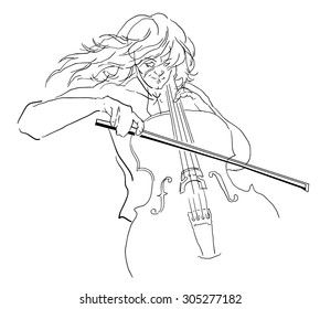 Musican sketch. Woman playing violin. Lineart vector drawing.