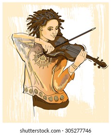 Musican sketch. Woman playing violin. Lineart vector drawing.