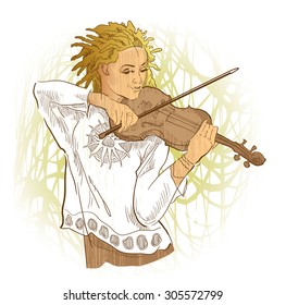 Musican sketch. Woman playing violin. Lineart vector drawing. Color.