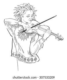 Musican sketch. Woman playing violin. Lineart vector drawing.