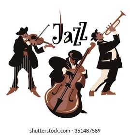 Musicans figures. Use for jazz festival poster, jass club, live music cafe and web design.
Easy editable elements. Isolated on white background. Trumpet, violin, contrabass.