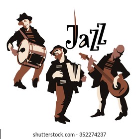 Musicans figures. Use for jazz festival poster, jazz club, live music cafe and web design. Isolated flat vectors. Easy editable elements. Isolated on white background. Trumpet, violin, contrabass.