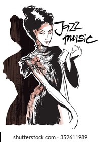 Musicans of jazz. Black and white vector sketch. Easy editable in several layers. Lineart sketch. Black dress singer woman. Jazz music inscription.